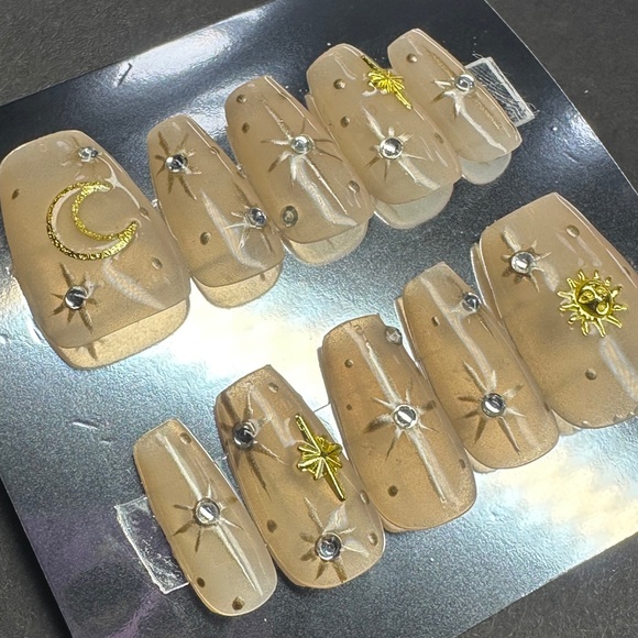 Nude Short Coffin stars, moon and sun handmade press on nails - Picture 2 of 5